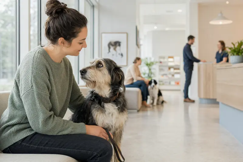 Ein Otterhund sitzt ruhig neben seinem Besitzer im hellen Wartezimmer einer modernen Tierarztpraxis.
